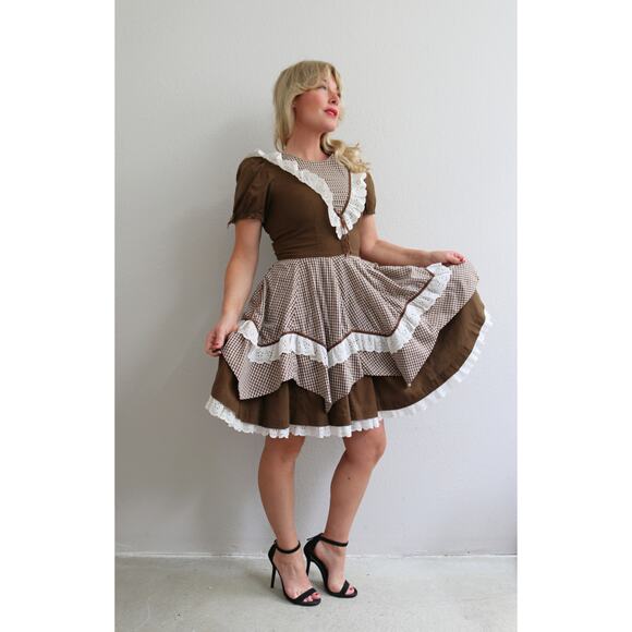 1960's Vintage Folk & Gingham Western Circle Dress Women's XS SM  Square Dance - Picture 6 of 10